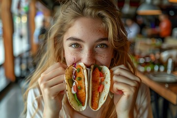 Young Woman Enjoying a Delicious Gourmet Hot Dog in a Casual Restaurant Setting with a Smile