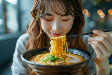 Young Woman Enjoying Delicious Ramen Noodle Soup at a Cozy Restaurant with Ambient Lighting