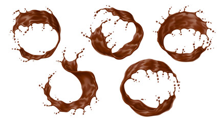 Realistic chocolate yogurt, cream or choco milk drink swirl with splash and wave flow, isolated vector. Cocoa drink or choco syrup flow and spill drops with milky chocolate wave and splashing swirls