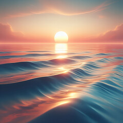 A serene sunset over a calm ocean, with soft pastel colors and gently rippling waves creating a tranquil atmosphere