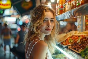 Young Woman Enjoying Night Market Food Stalls, Curious Female Exploring Street Cuisine, Bokeh Lights Travel Scene