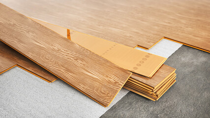 Laminate on the heat floor. See floor layers. Isolated on a white background. 3d illustration