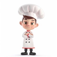 3D cartoon character of a cheerful young chef with folded arms, dressed in a traditional white uniform and chef's hat, isolated on a white background with space for text