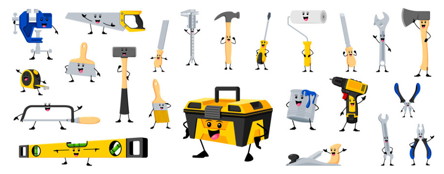 Cartoon funny diy, building and repair tool characters. Vector wallpaper roll, axe, drill, file or fretsaw. Brush, pliers and planer, vice, trowel, measuring tape, hammer or sledgehammer with toolbox