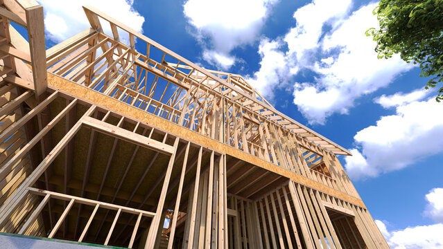 Frame house construction site. 3d illustration