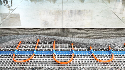 Tiles on the concrete piece. See floor layers. Isolated on a white background. 3d illustration
