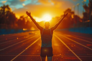 Fototapeta na wymiar Athlete Celebrating Victory at Sunset on Running Track, Arms Raised in Triumph, Feeling of Success and Accomplishment, Concept of Determination and Goal Achievement