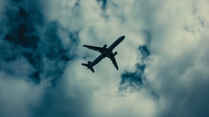 Fototapeta na wymiar Airplane Flying Through Cloudy Blue Sky