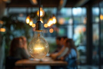 Edison Light Bulb Hanging in Cafe, Ambient Warmth, Concept of Cozy Dining Experience and Interior Design