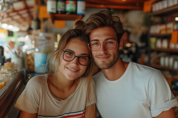 A man and woman are sitting at a bar, the couple appears relaxed and sociable as they enjoy each other's company in a cafe - obrazy, fototapety, plakaty
