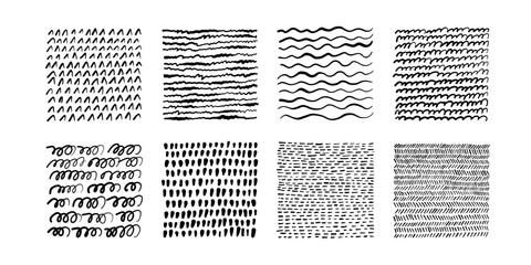 Set of hand drawn textures. Lines with different density and incline. Hatching drawn with pen.