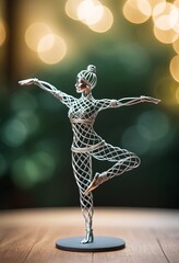 Woman in yoga pose, bent wire figure on nature backdrop, Creative figures symbol of yoga and harmony, art and serenity intersection. Female fitness yoga routine concept. Healthy lifestyle.