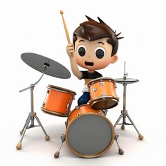 Fototapeta na wymiar 3D cartoon illustration of an enthusiastic young boy playing a drum set, ideal for musical education themes with ample copy space on a white background
