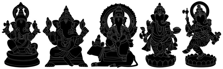 Set collections Hinduism god Ganesha statue silhouette icon. lord Ganpati symbol design for Ganesh Chaturthi design vector illustration