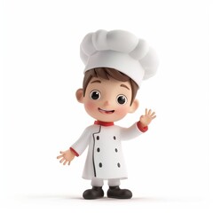 Smiling cartoon young chef character in uniform waving hello, isolated on white with copy space for text, ideal for culinary or food-related advertising and children's content