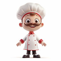 3D cartoon character of a cheerful male chef with a mustache, wearing a traditional white uniform with red accents, standing against a plain white background suitable for text or logo placement