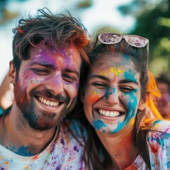 A happy couple playfully posing for a colorful photo. Fictional character created by Generated AI. 