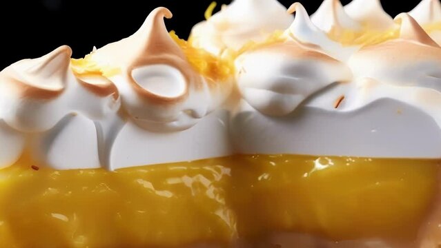 An alluring crosssection of this lemon meringue pie reveals the intricate layers hidden within. The ery crust crumbles delicately under the weight of the rich, lemony custard, while the
