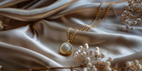 This photo showcases a close-up view of a gold cloth adorned with elegant pearls, creating a luxurious and sophisticated look