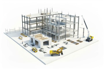 3D Render of commercial complex under development, with concrete structures, steel beams, and construction vehicles, on isolated white background, Generative AI
