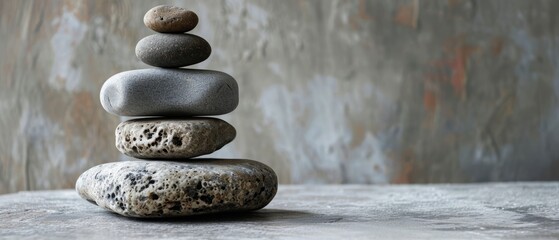 Zen Stone Stack on Textured Background. A balanced stack of smooth stones set against a textured grey background, evoking a sense of calm and mindfulness