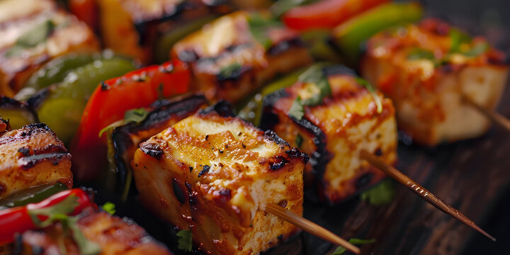 shish kebab on skewers, Paneer tikka is an  dish made from chunks of cottage cheese marinated in spices and grilled in a tandoor
