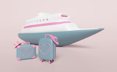 3d close suitcase with heart shaped pattern, hat, cruise ship isolated on pink background. summer travel concept, 3d render illustration