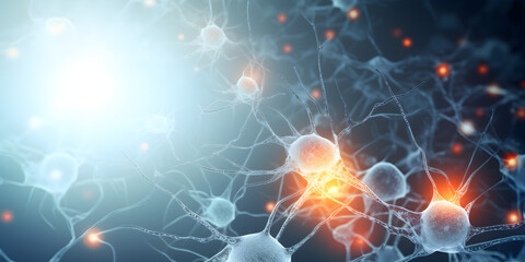 a close up of neuron conected with Brain Neural Networks blue background