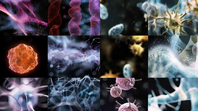 Microscopic images of various cell types grown in a lab using biofabrication techniques displaying different shapes and functions.