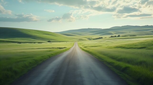Beautiful Endless road along green grassland