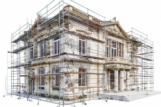3D Render of museum renovation project, with historic building façade, scaffolding, and restoration work, on isolated white background, Generative AI