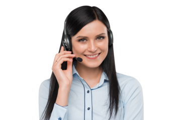 A smiling woman wearing a headset against a white background, customer service concept
