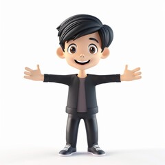 3D illustration of a cheerful cartoon boy with open arms in casual black attire, isolated on a white background with ample copy space