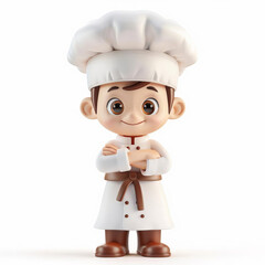3D illustration of a cute, smiling young chef character with crossed arms, wearing a white chef's uniform and toque, isolated on a white background with ample space for text