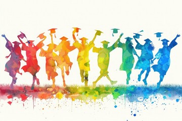 Colored silhouettes of happy students wearing graduation caps. Graduation, student day. High school graduation. Symbolizing diversity in education success. Watercolor illustration on white background