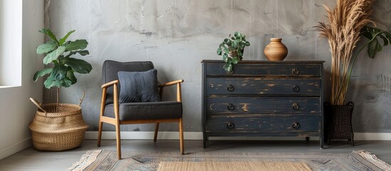 Dark grey armchair with rug, dresser and pillow by light-colored wall