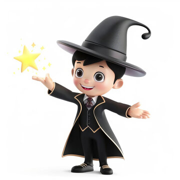 Adorable cartoon young wizard character smiling and casting a magic spell with a glowing yellow star, isolated on white background with space for text  perfect for children's fantasy themes