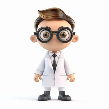 3D illustration of a cute, bespectacled cartoon character in a lab coat, ideal for medical-related concepts, with ample space for text on a white background