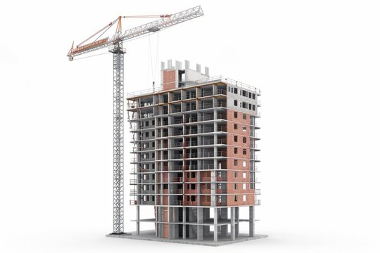 3D Render of residential high-rise under construction, with concrete forms, construction cranes, and safety netting, on isolated white background, Generative AI