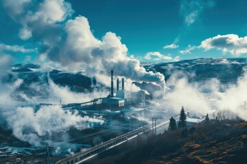 Geothermal power plant amidst steam vents and rugged landscape. - obrazy, fototapety, plakaty