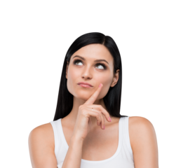A thoughtful woman in casual wear with her finger on her chin, on a white background. Emotions and lifestyle concept