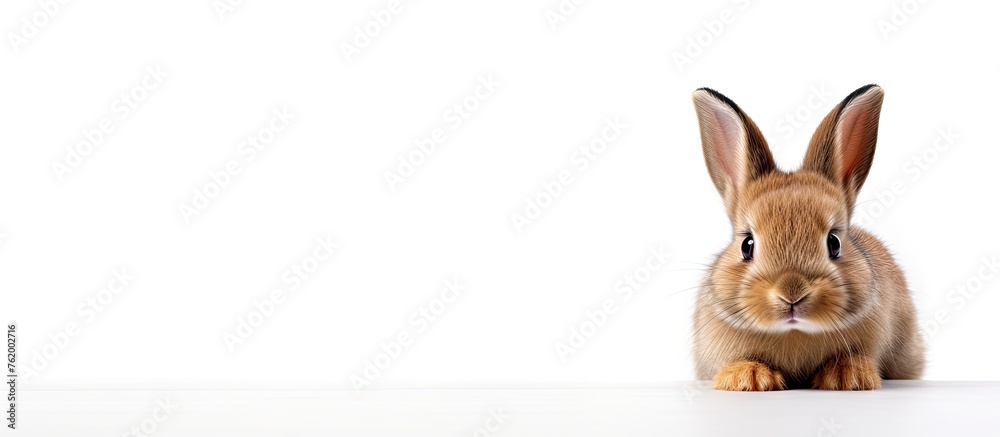 Poster Adorable Bunny Relaxing on Wooden Table Surrounded by Books and Plants