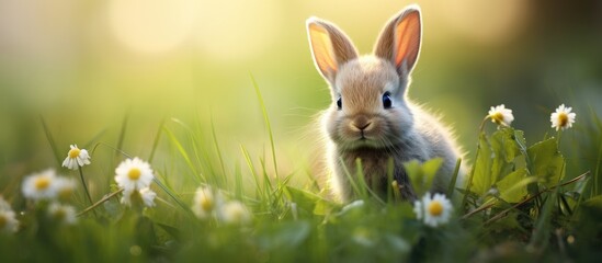 Curious Rabbit Enjoying a Peaceful Moment in Lush Green Grass Under Sunny Skies - Powered by Adobe