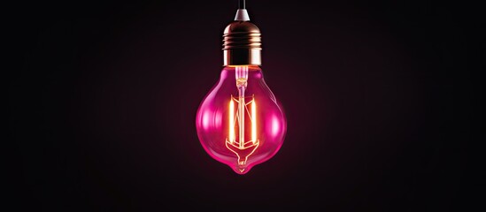 A pink light bulb hanging from a black ceiling