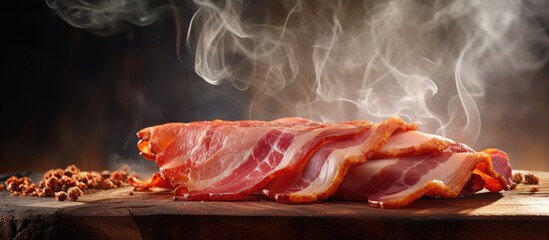 Crispy and Delicious: Close-up of Sizzling Bacon Strips Cooked to Perfection - obrazy, fototapety, plakaty