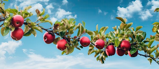 Apples hanging on tree branch in orchard