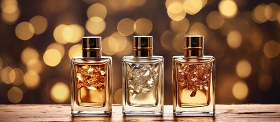 Three perfume bottles on wooden surface with blurry background - obrazy, fototapety, plakaty