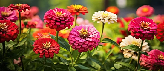 Fototapeten Colorful garden flowers with green leaves in red and yellow hues © Ilgun