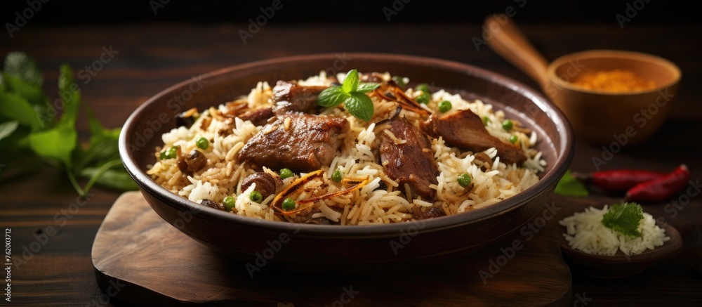 Wall mural Delicious Bowl of Rice with Colorful Fresh Meat and Vegetables, Asian Cuisine Meal Concept