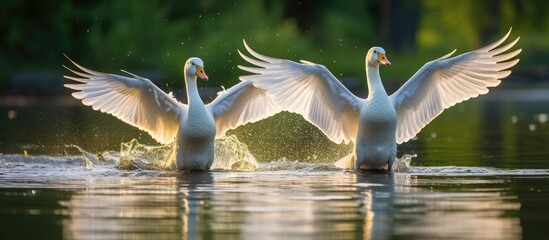 Three swans swimming lake wings - obrazy, fototapety, plakaty